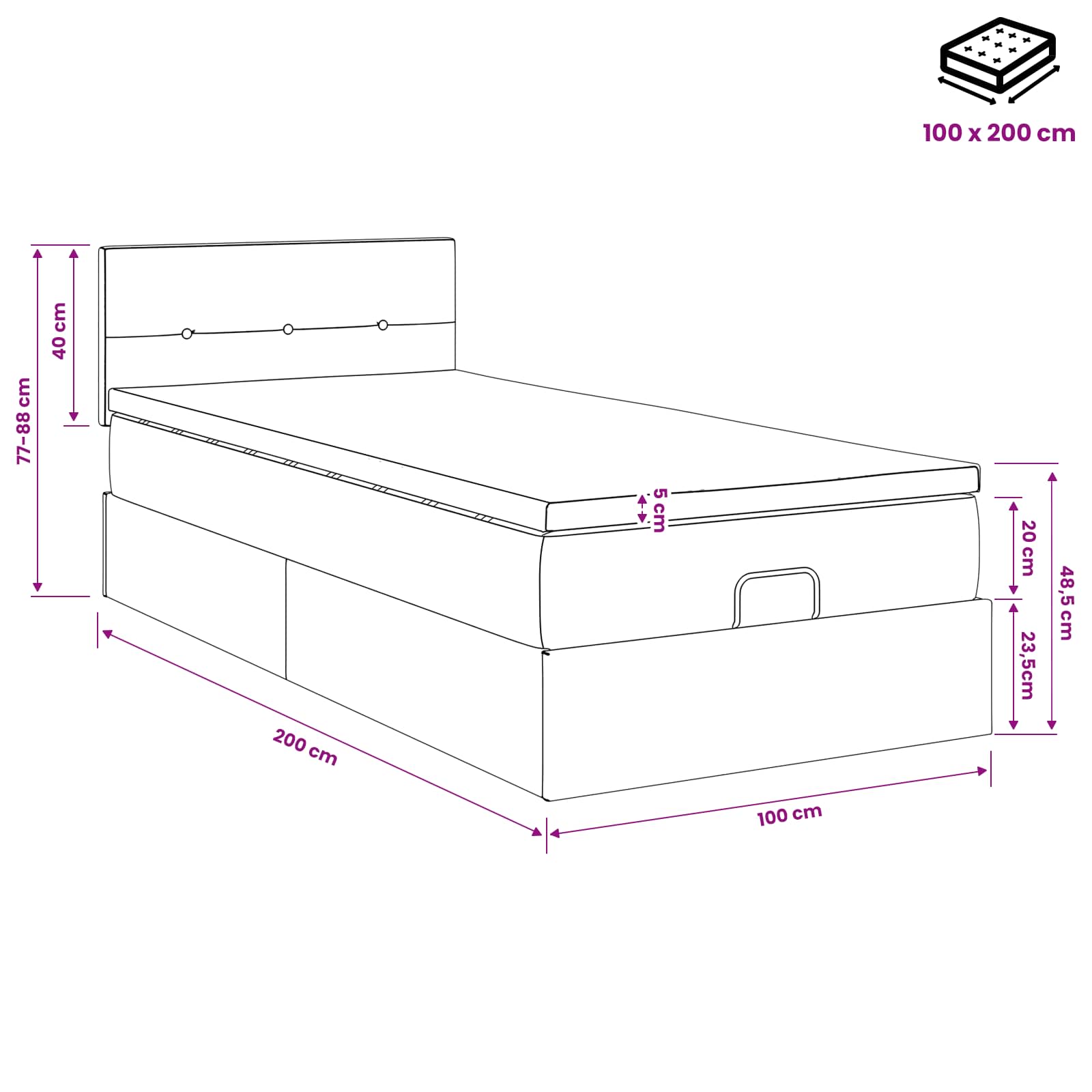 Lit ottoman avec matelas Noir 100 x 200 cm Tissu - XIOS