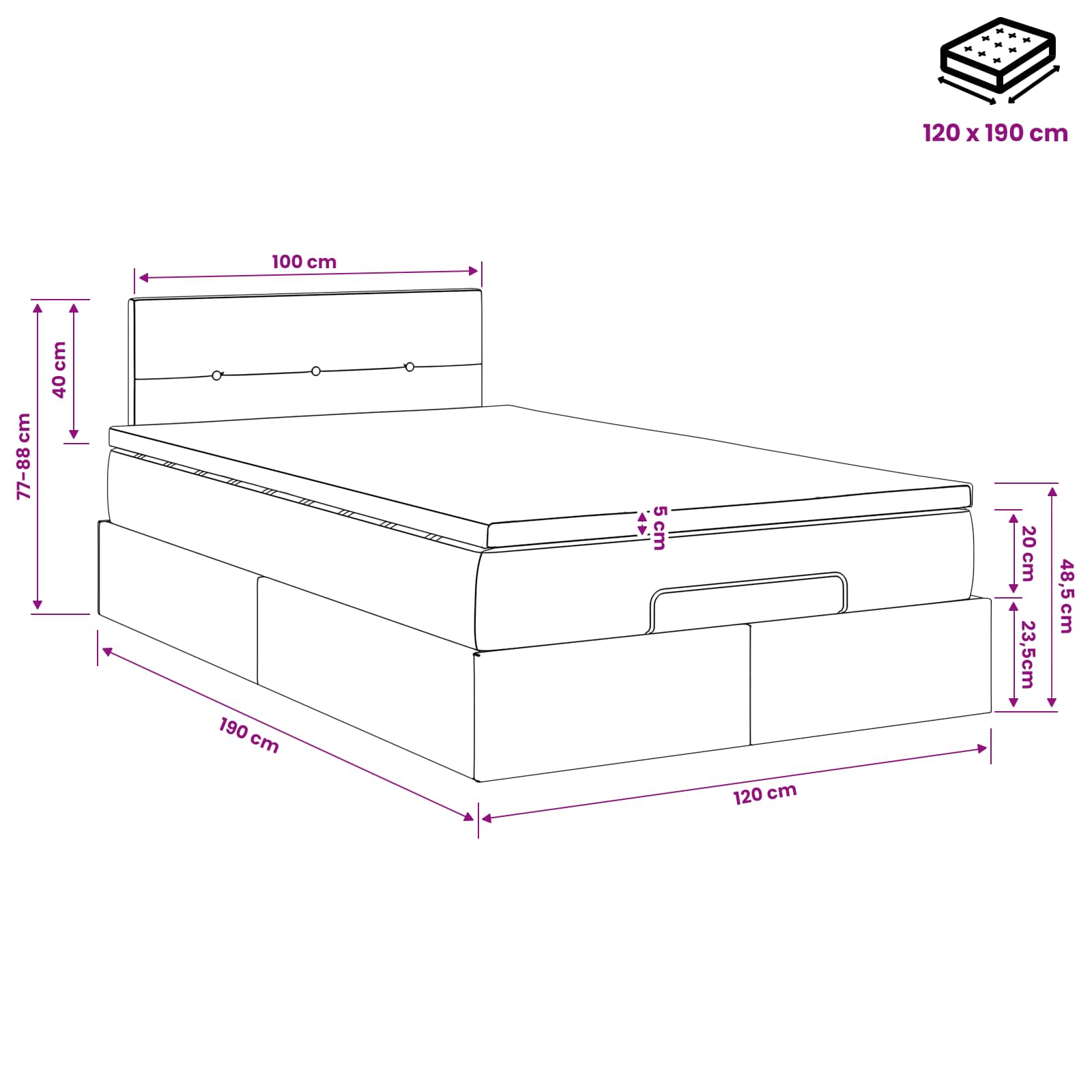 Lit ottoman avec matelas Marron foncé 120 x 190 cm Tissu - XIOS
