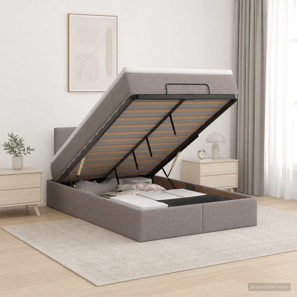 Lit coffre avec matelas et LED Taupe 120 x 190 cm Tissu