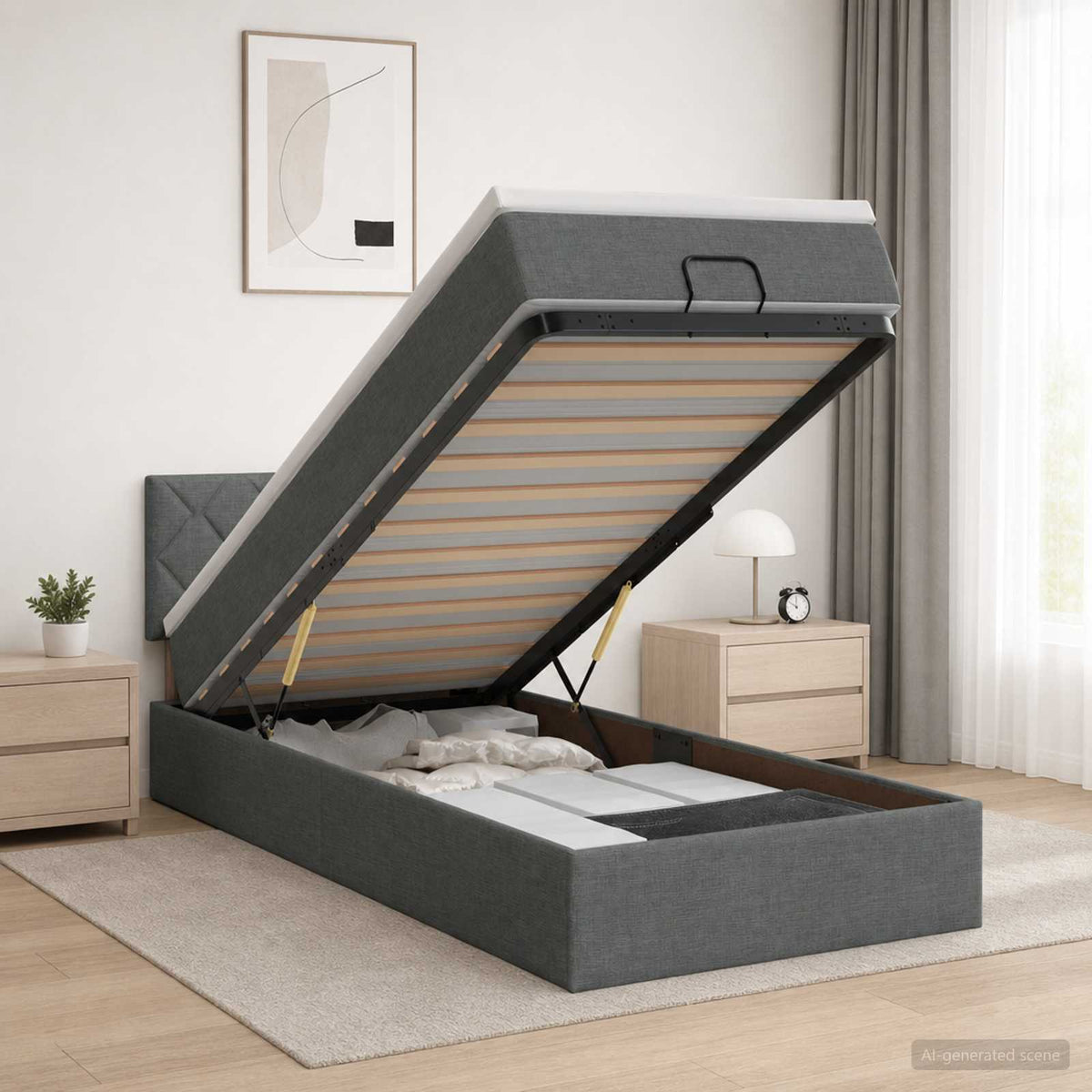 Lit ottoman avec matelas Gris foncé 90 x 190 cm Tissu