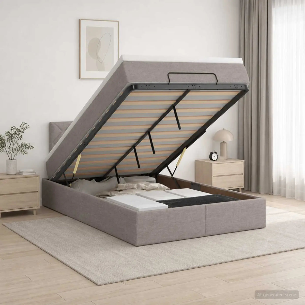 Lit coffre avec matelas et LED Taupe 120 x 200 cm Tissu - XIOS
