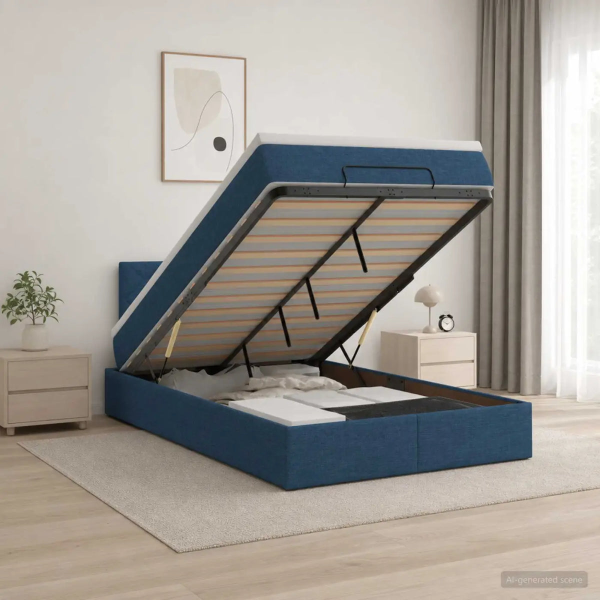 Lit coffre avec matelas et LED Bleu 120 x 190 cm Tissu - XIOS