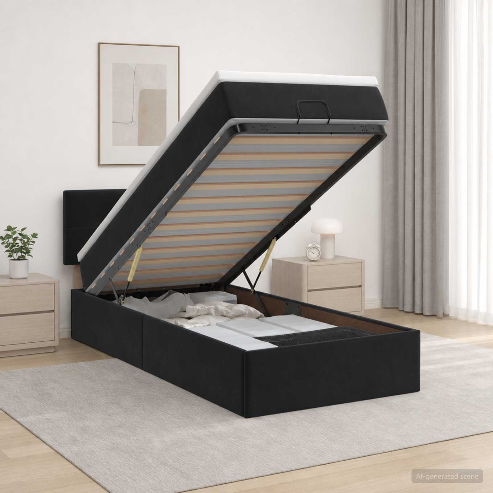 Lit ottoman avec matelas Noir 90 x 200 cm Velours