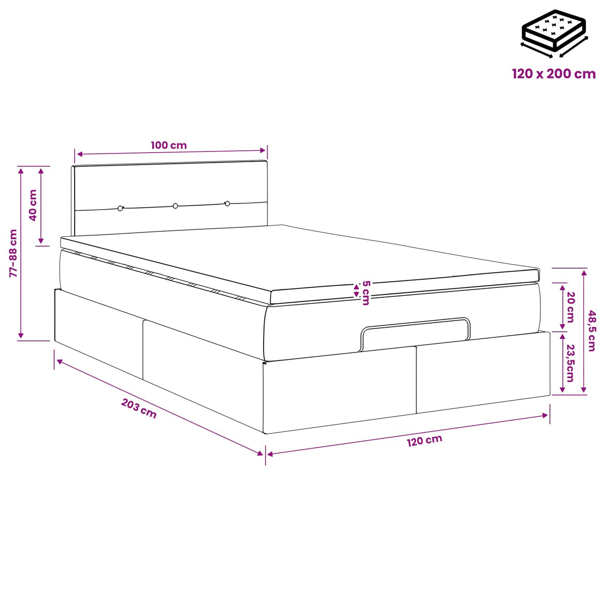 Lit ottoman avec matelas Rose 120 x 200 cm Velours