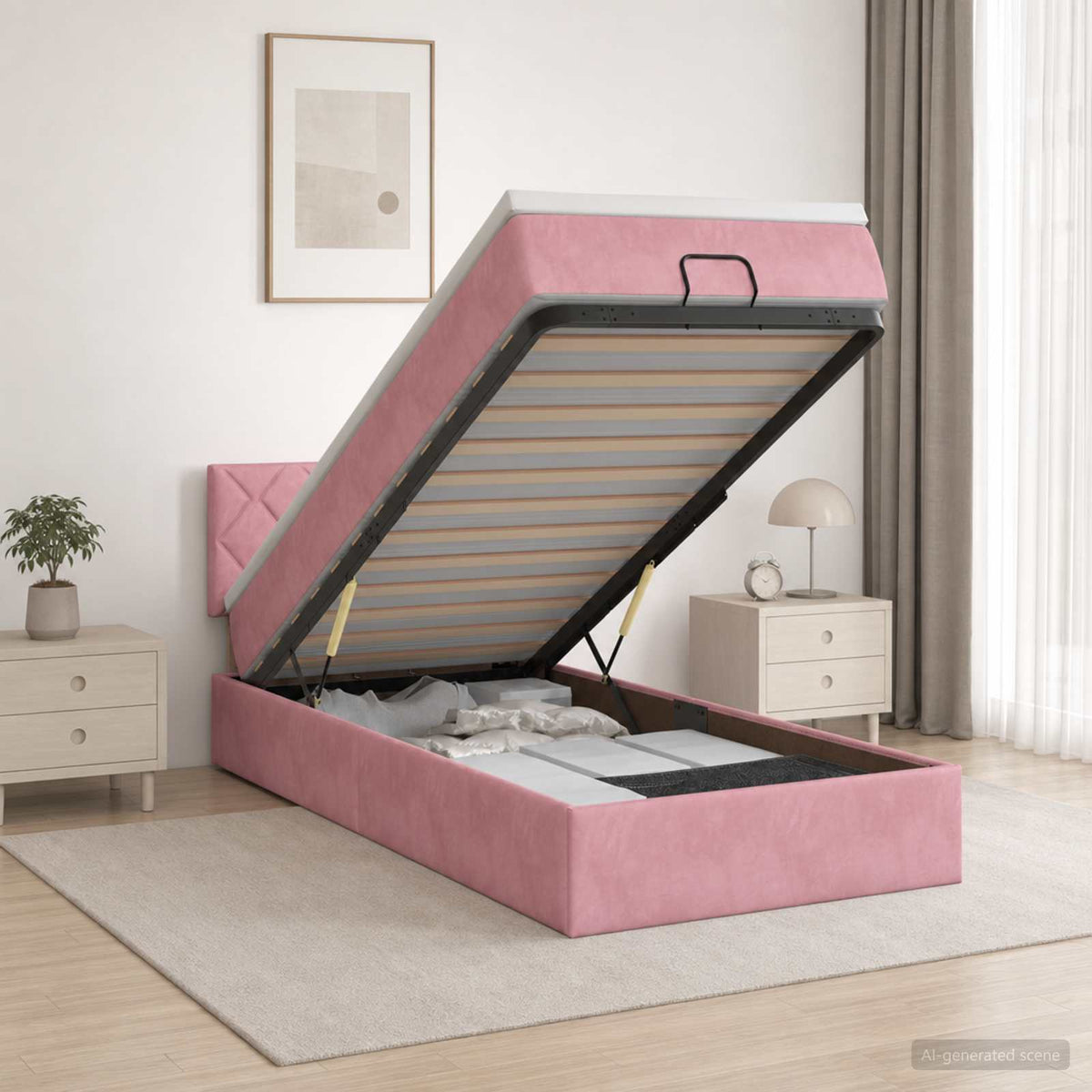 Lit ottoman avec matelas Rose 90 x 190 cm Velours