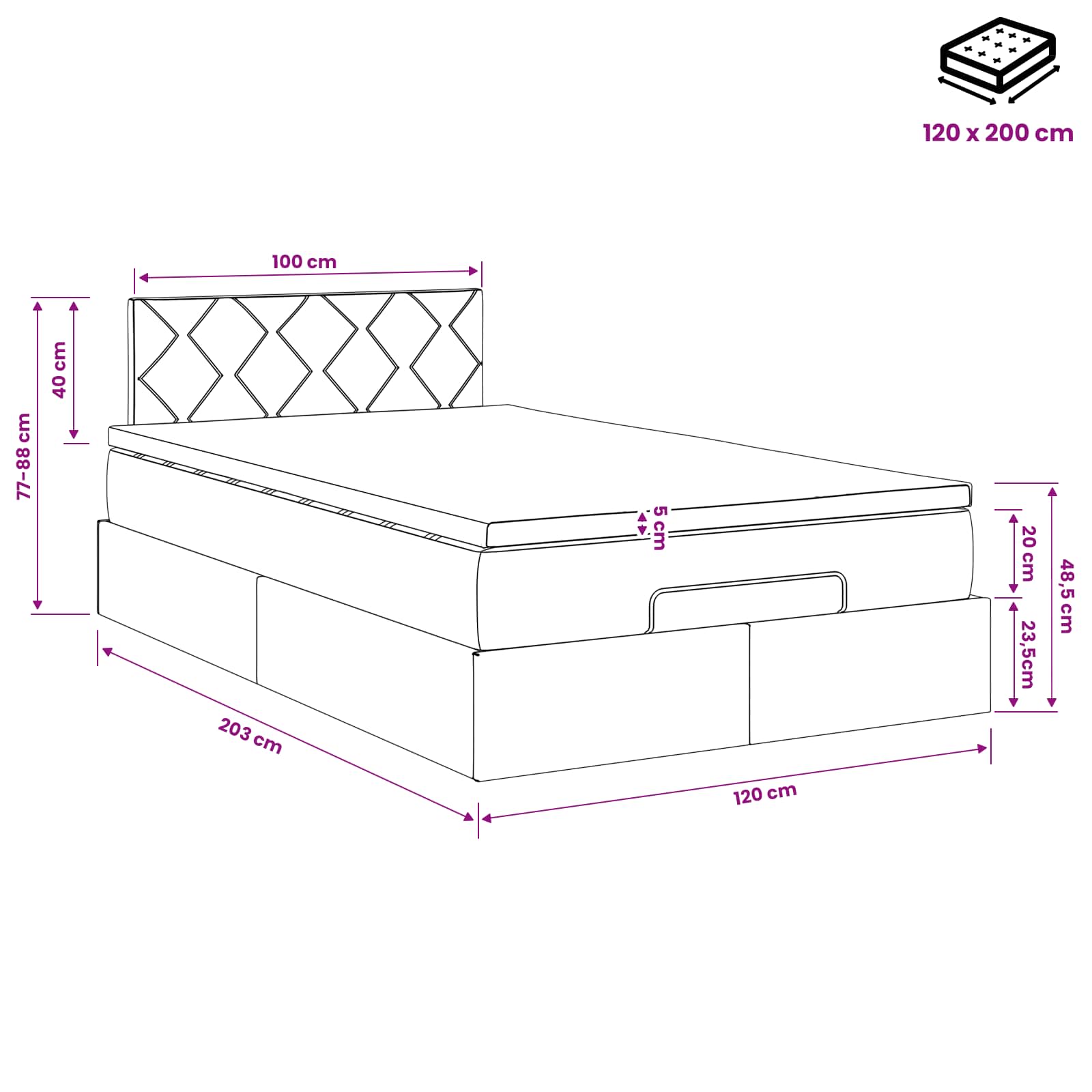 Lit ottoman avec matelas Noir 120 x 200 cm Velours