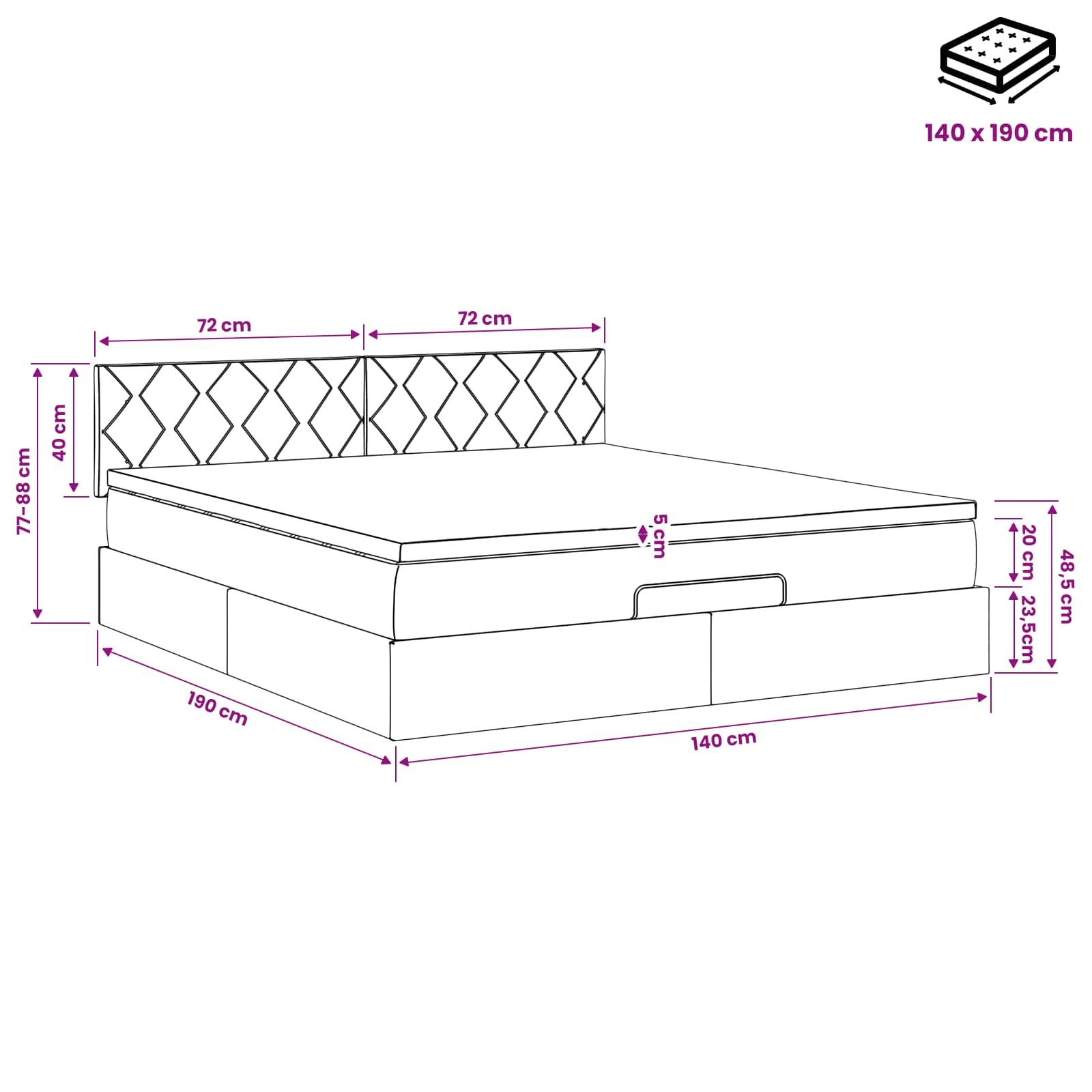 Lit ottoman avec matelas Gris clair 140 x 190 cm Velours