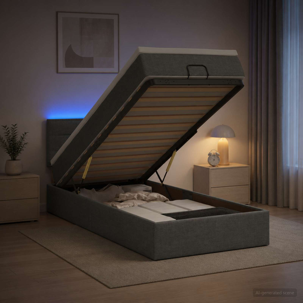 Lit coffre avec matelas et LED Gris foncé 80 x 200 cm Tissu