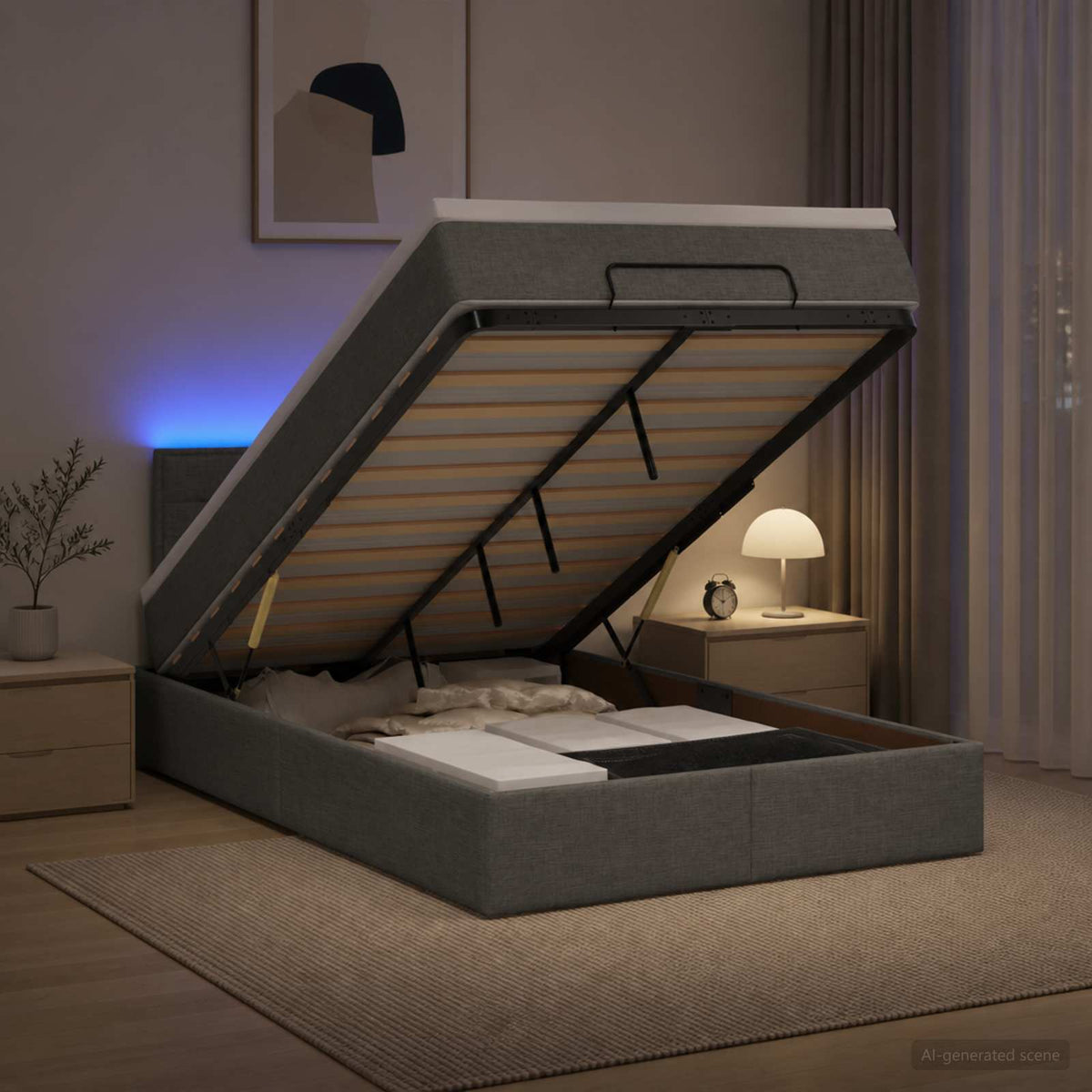 Lit coffre avec matelas et LED Gris foncé 120 x 190 cm Tissu