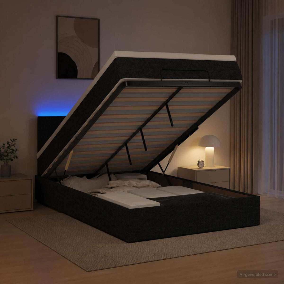 Lit coffre avec matelas et LED Noir 120 x 190 cm Tissu