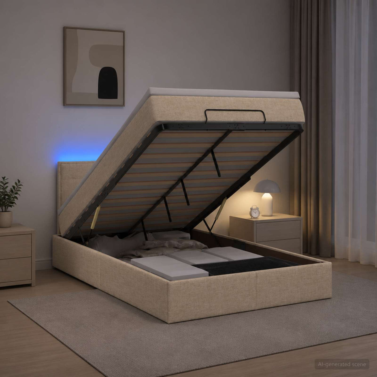 Lit coffre avec matelas et LED Crème 120 x 200 cm Tissu