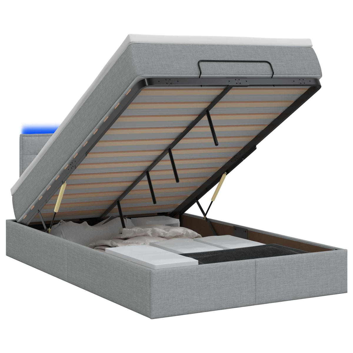 Lit coffre avec matelas et LED Gris clair 120 x 200 cm Tissu