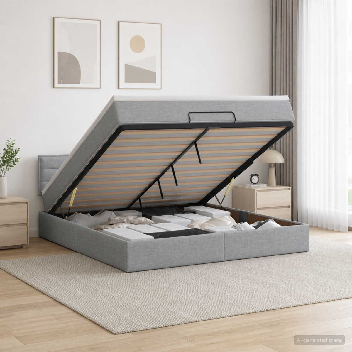 Lit coffre avec matelas et LED Gris clair 140 x 190 cm Tissu