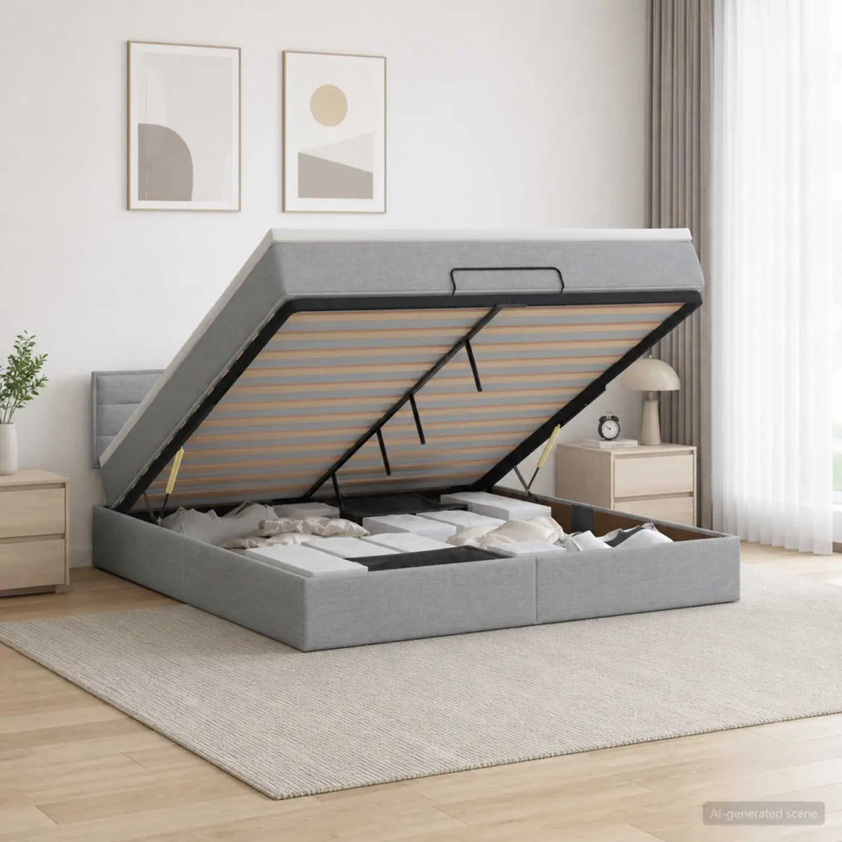 Lit coffre avec matelas et LED Gris clair 140 x 200 cm Tissu - XIOS