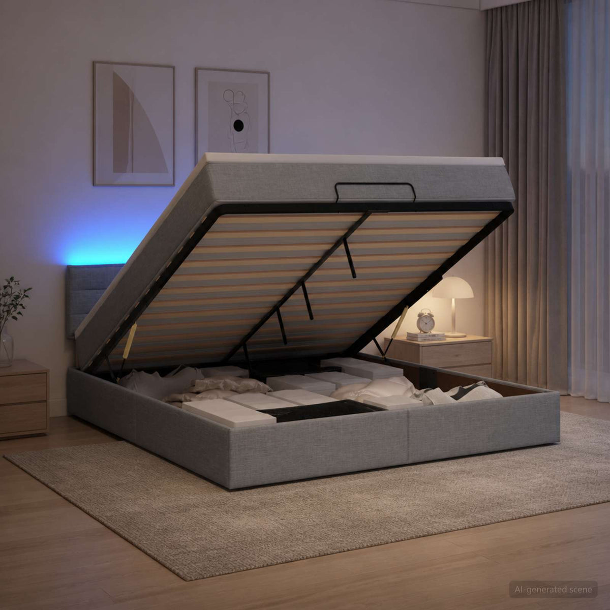 Lit coffre avec matelas et LED Gris clair 140 x 190 cm Tissu