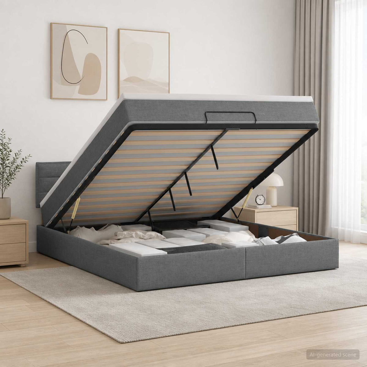 Lit coffre avec matelas et LED Gris foncé 140 x 190 cm Tissu