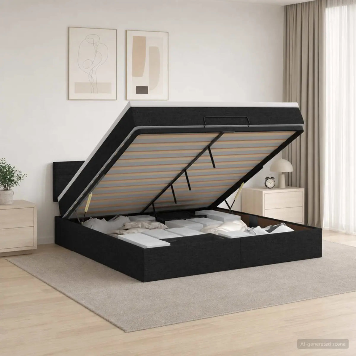 Lit coffre avec matelas et LED Noir 140 x 200 cm Tissu - XIOS