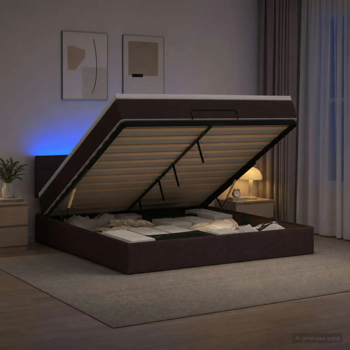 Lit coffre avec matelas et LED Marron foncé 140 x 200 cm Tissu - XIOS