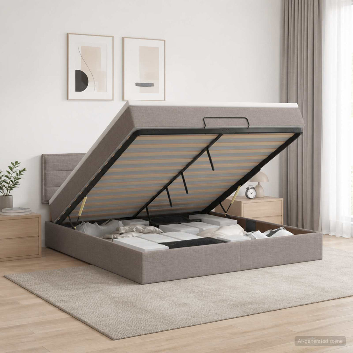 Lit ottoman avec matelas Taupe 140 x 200 cm Tissu