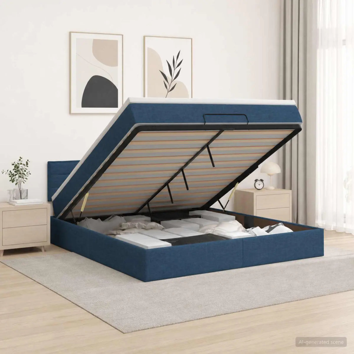 Lit coffre avec matelas et LED Bleu 140 x 190 cm Tissu - XIOS