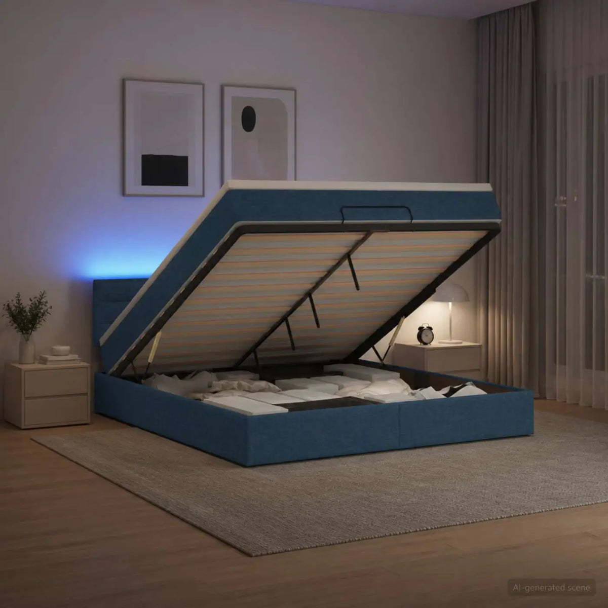 Lit coffre avec matelas et LED Bleu 140 x 190 cm Tissu - XIOS