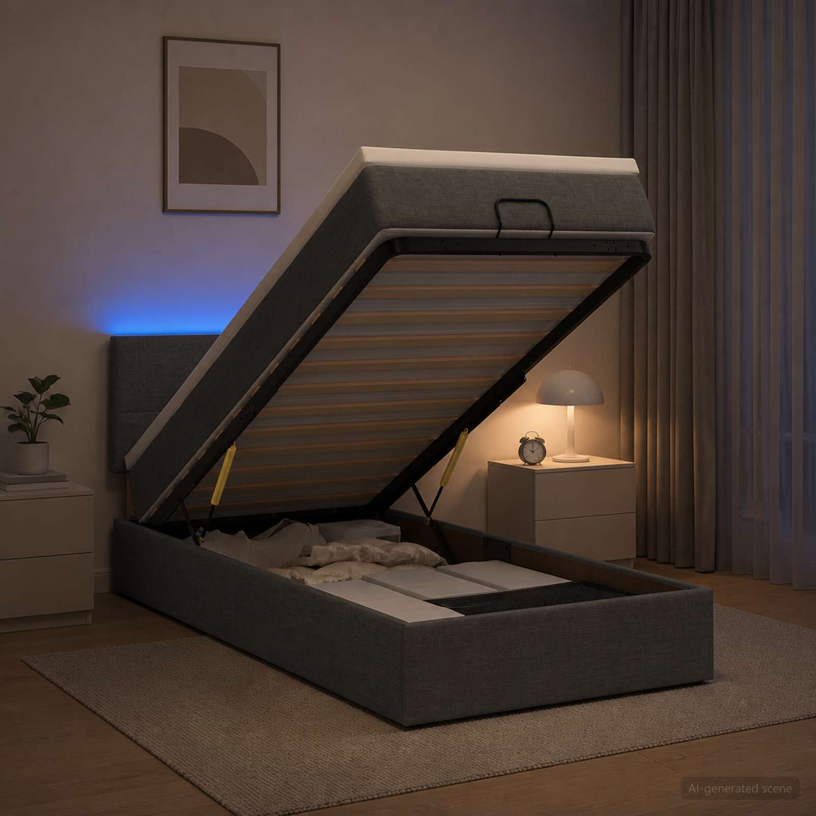 Lit coffre avec matelas et LED Gris foncé 100 x 200 cm Tissu