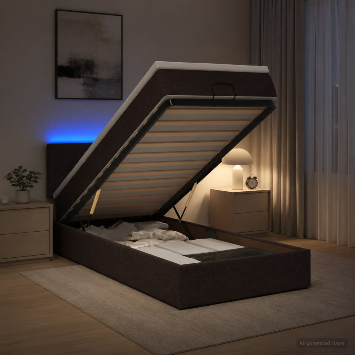 Lit coffre avec matelas et LED Marron foncé 90 x 200 cm Tissu