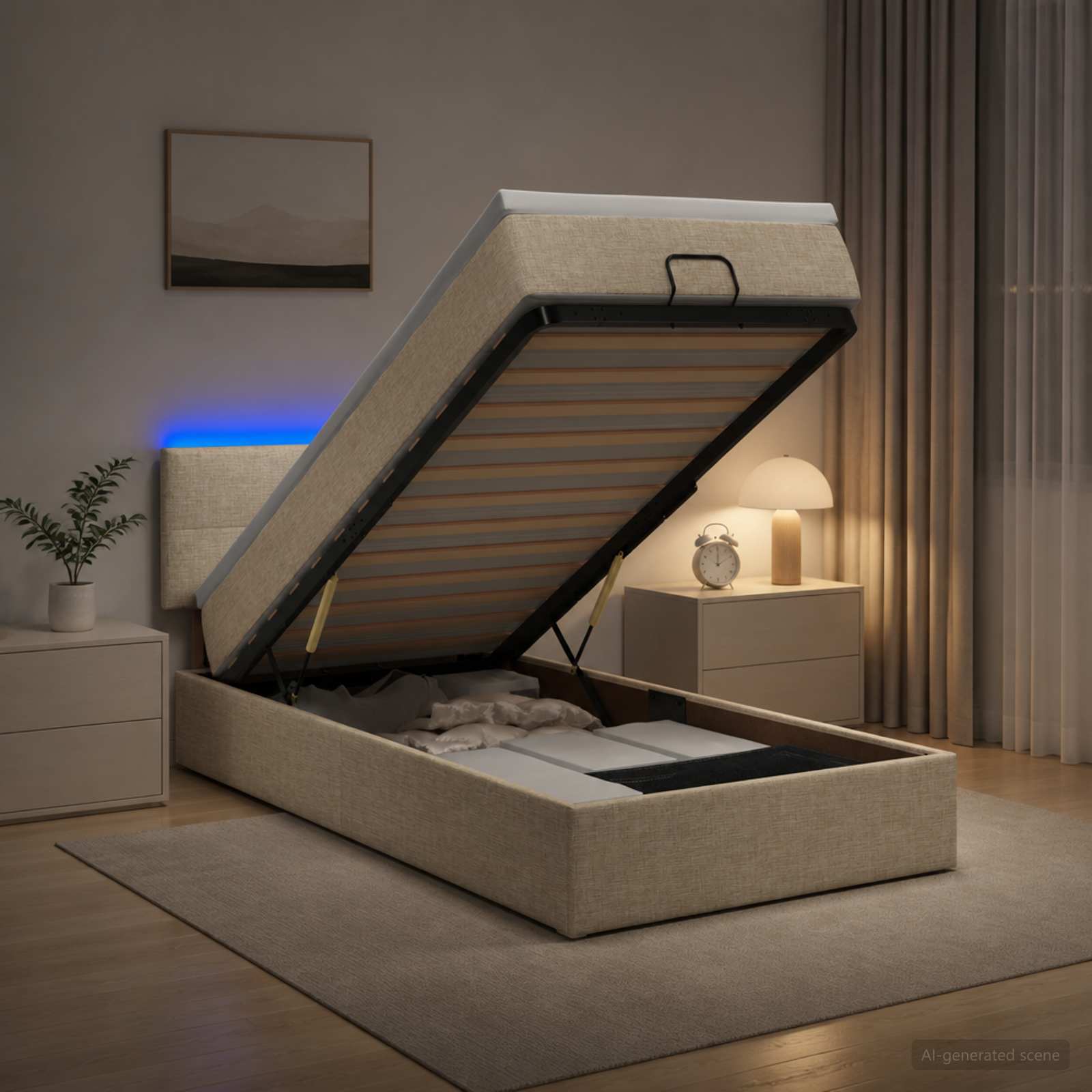 Lit coffre avec matelas et LED Crème 90 x 200 cm Tissu - XIOS