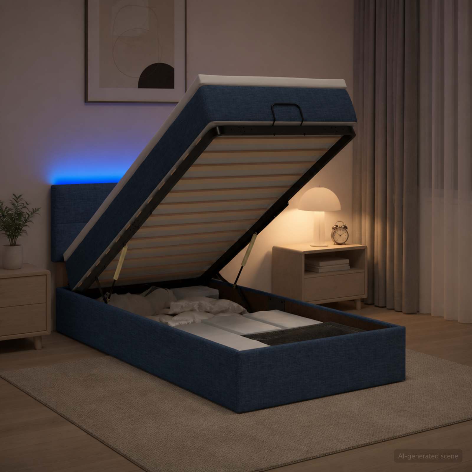 Lit coffre avec matelas et LED Bleu 100 x 200 cm Tissu