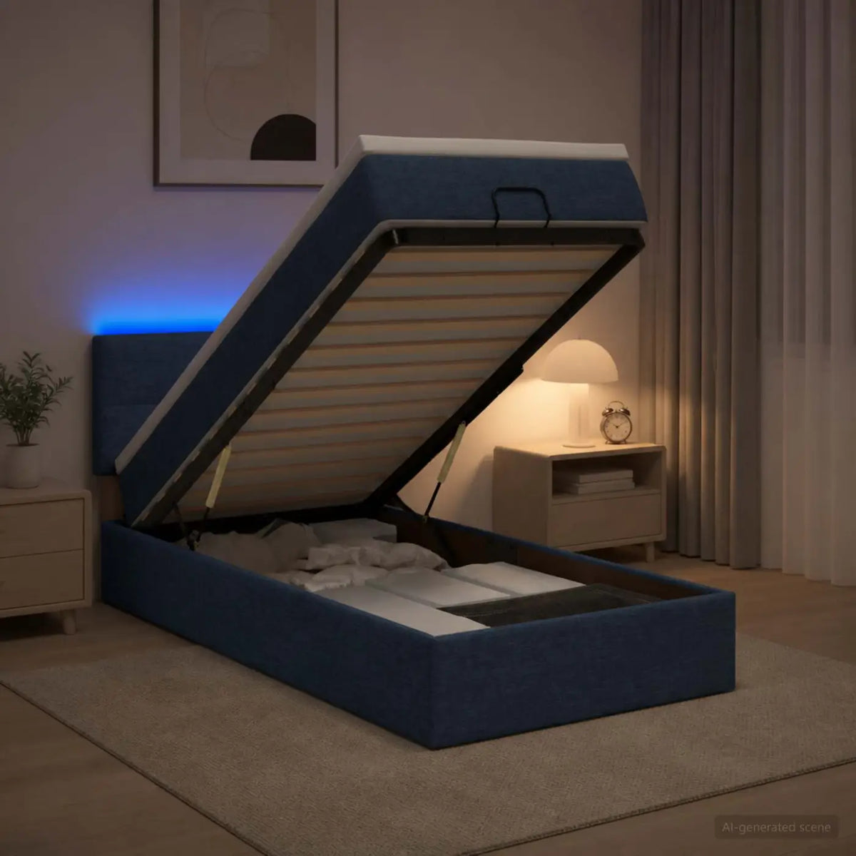 Lit coffre avec matelas et LED Bleu 80 x 200 cm Tissu - XIOS