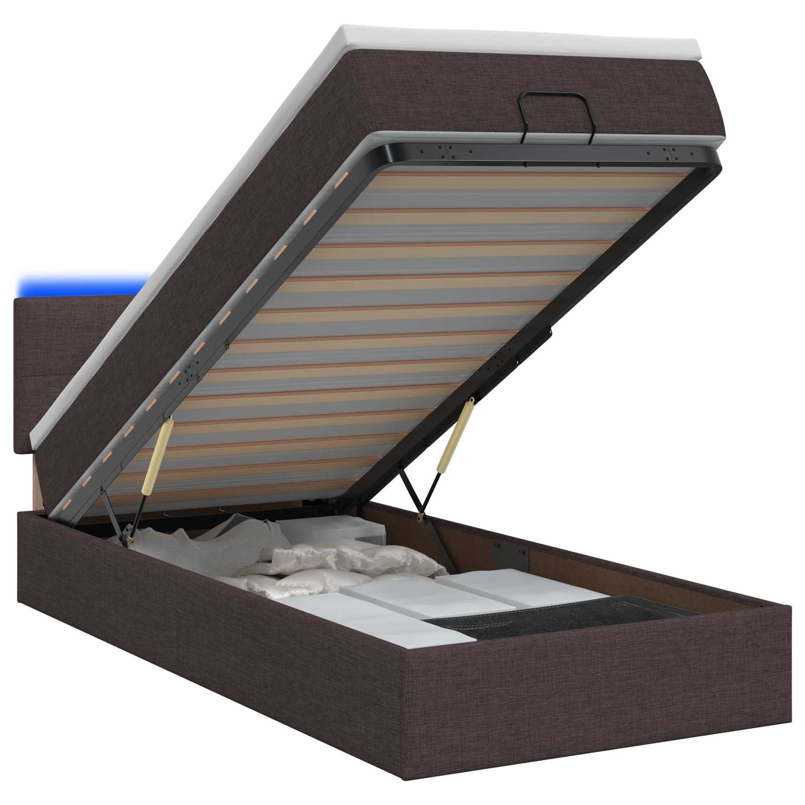 Lit coffre avec matelas et LED Marron foncé 90 x 190 cm Tissu - XIOS