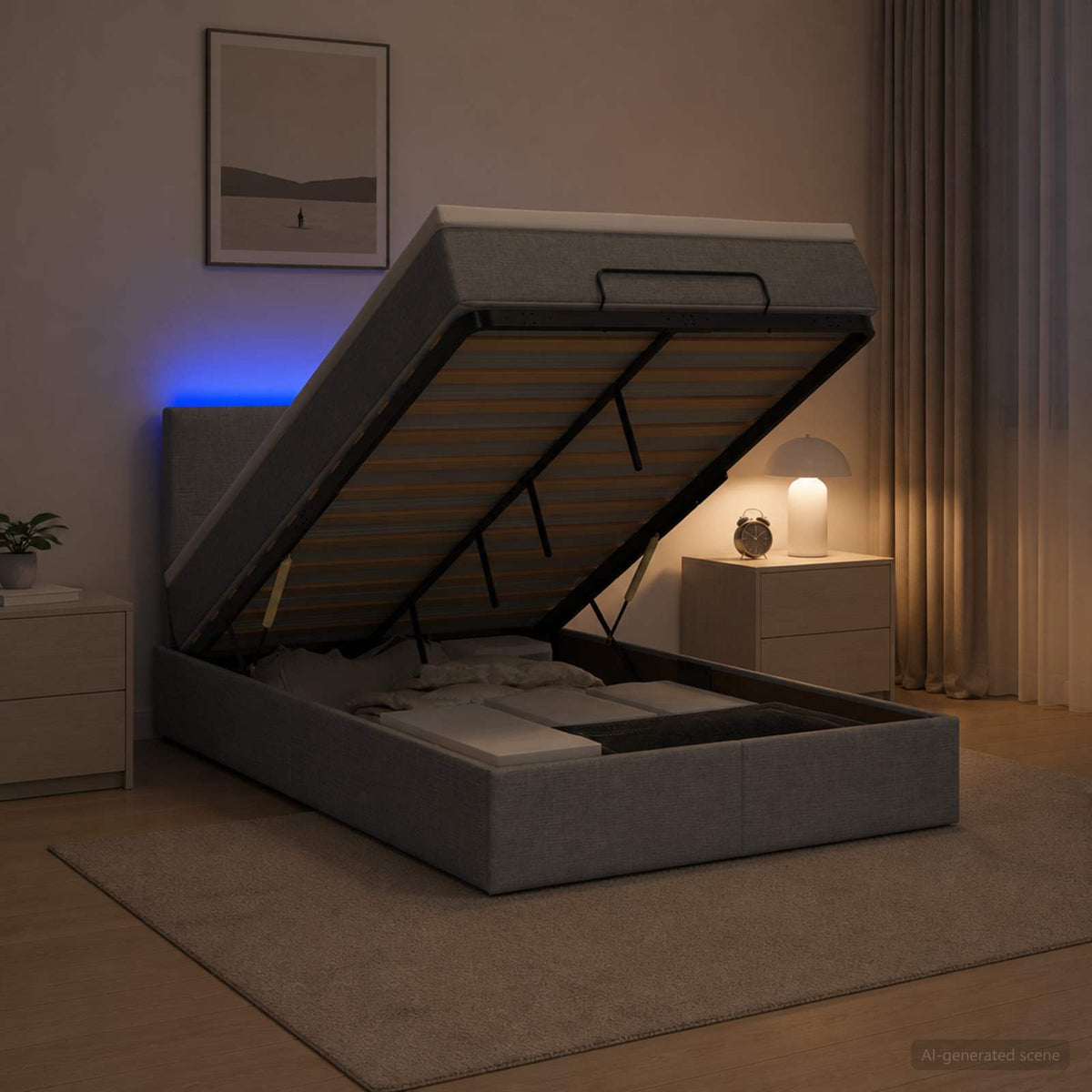 Lit coffre avec matelas et LED Gris clair 120 x 200 cm Tissu