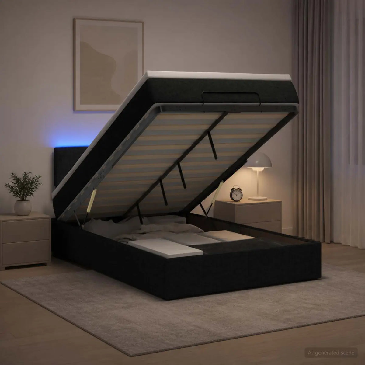 Lit coffre avec matelas et LED Noir 120 x 200 cm Tissu - XIOS