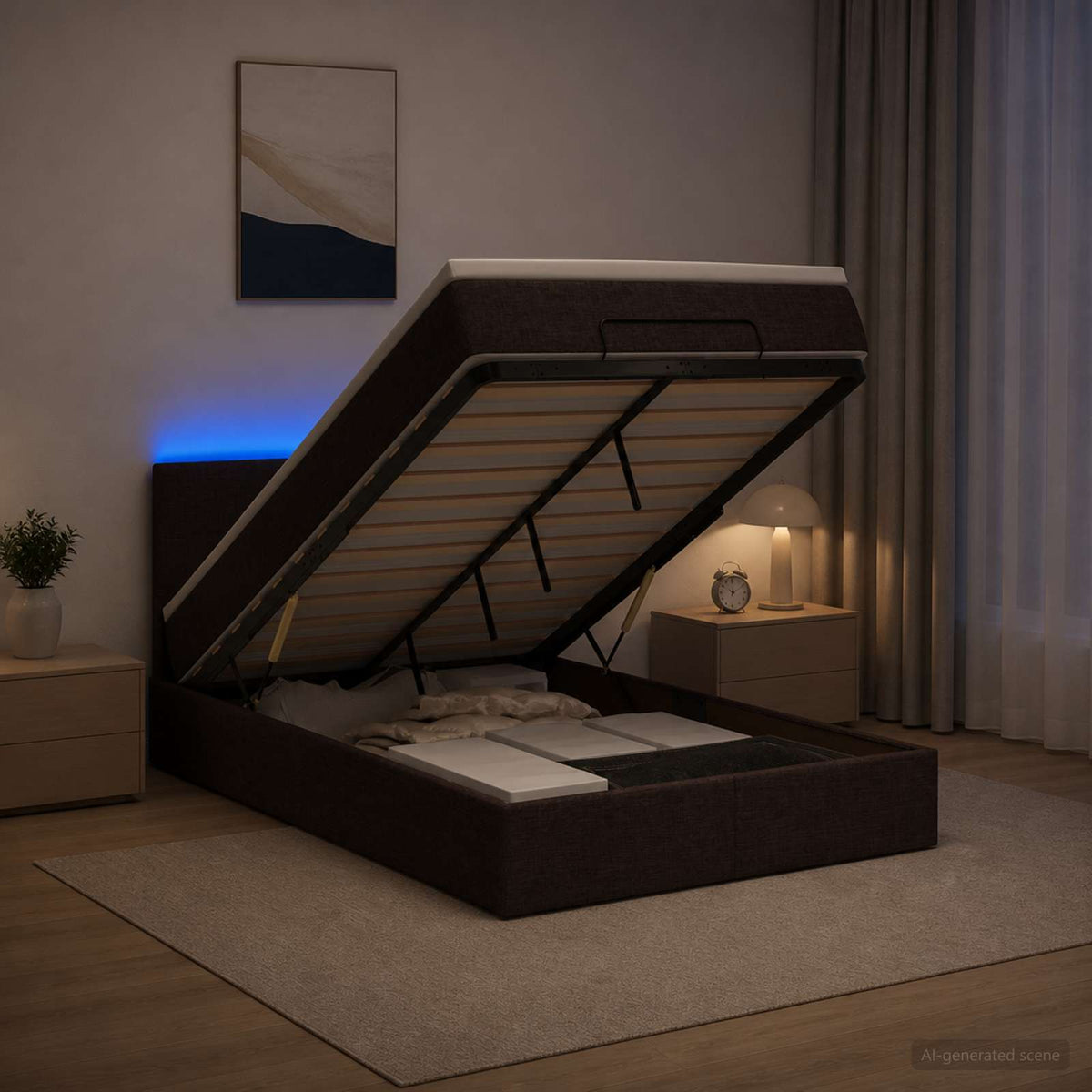 Lit coffre avec matelas et LED Marron foncé 120 x 190 cm Tissu
