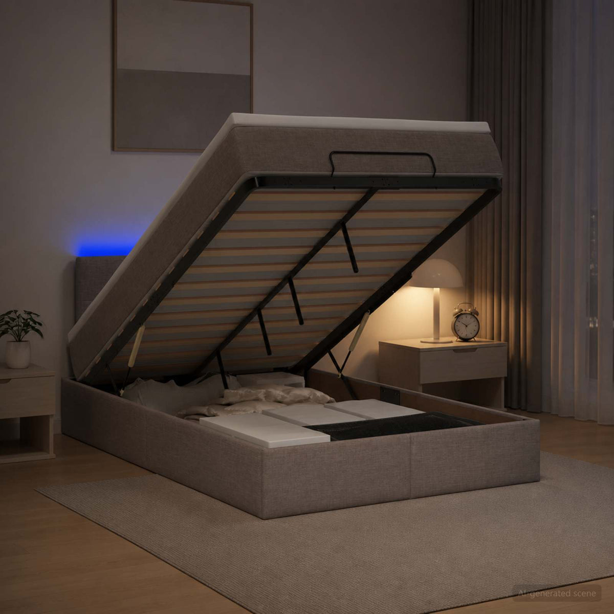Lit coffre avec matelas et LED Taupe 120 x 190 cm Tissu