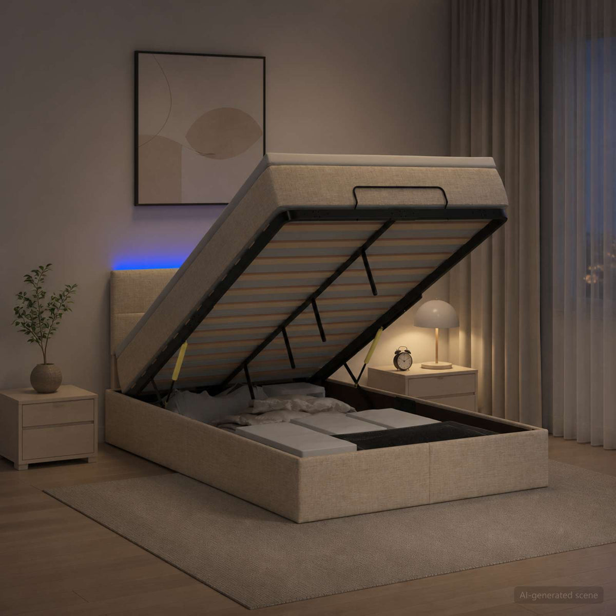 Lit coffre avec matelas et LED Crème 120 x 190 cm Tissu