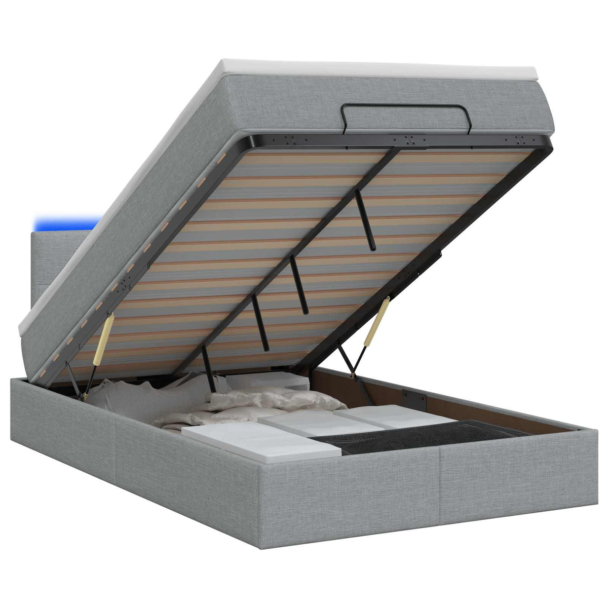 Lit coffre avec matelas et LED Gris clair 120 x 200 cm Tissu