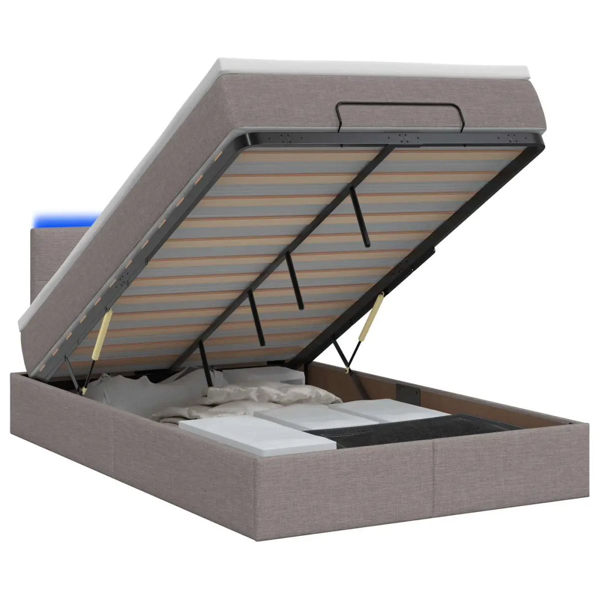Lit coffre avec matelas et LED Taupe 120 x 200 cm Tissu - XIOS