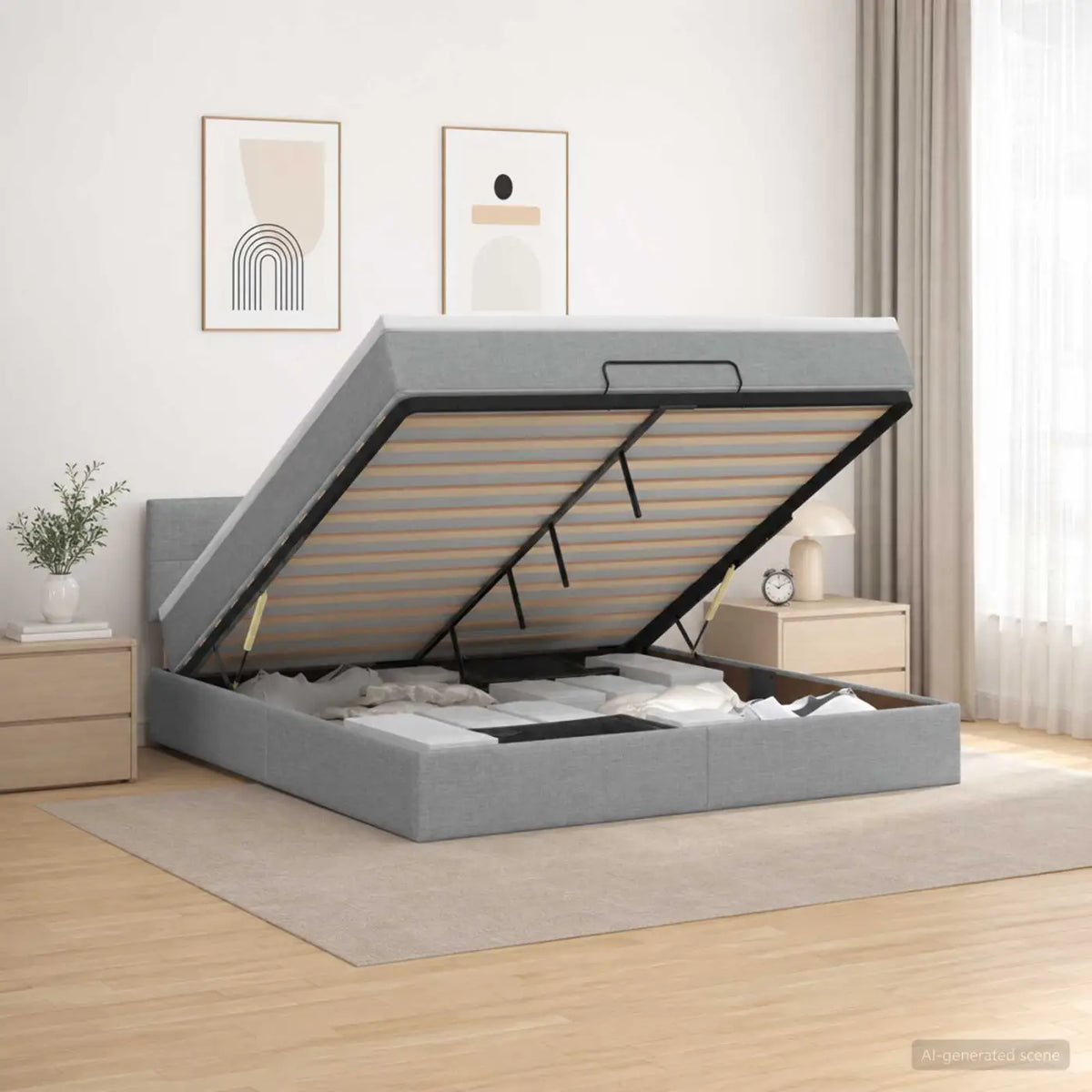 Lit coffre avec matelas et LED Gris clair 140 x 190 cm Tissu - XIOS