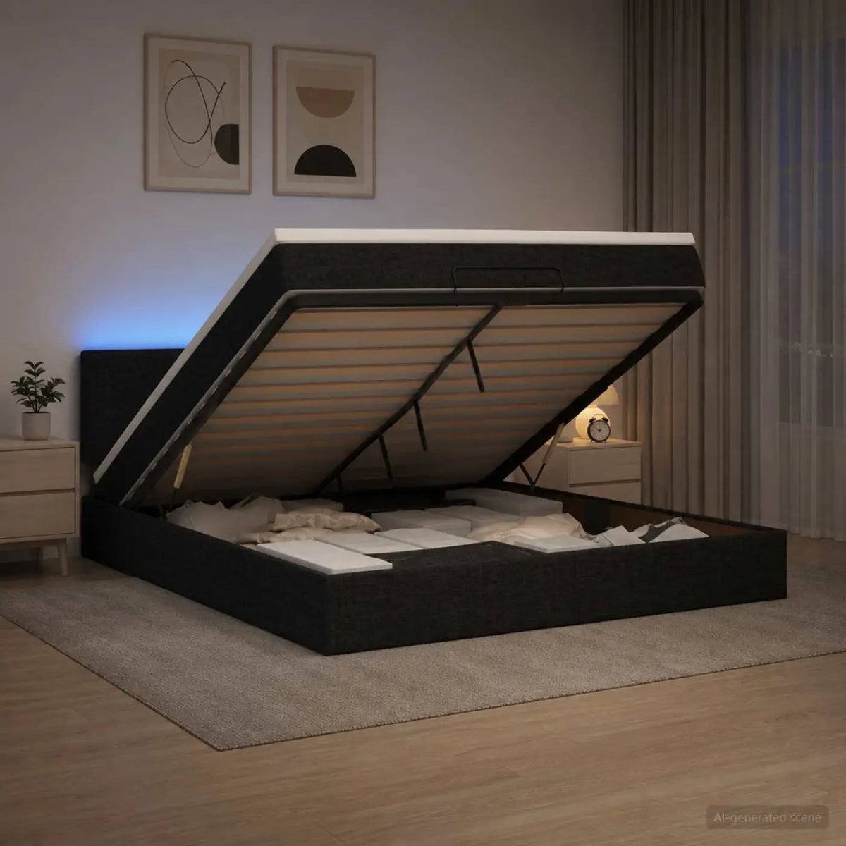Lit coffre avec matelas et LED Noir 140 x 200 cm Tissu - XIOS