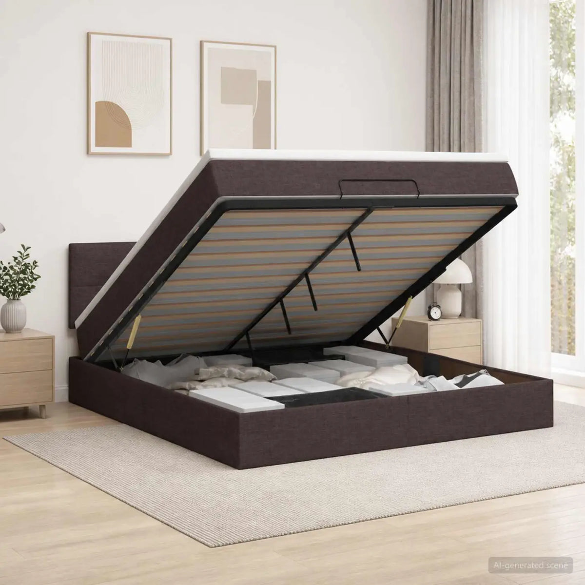 Lit coffre avec matelas et LED Marron foncé 140 x 200 cm Tissu - XIOS