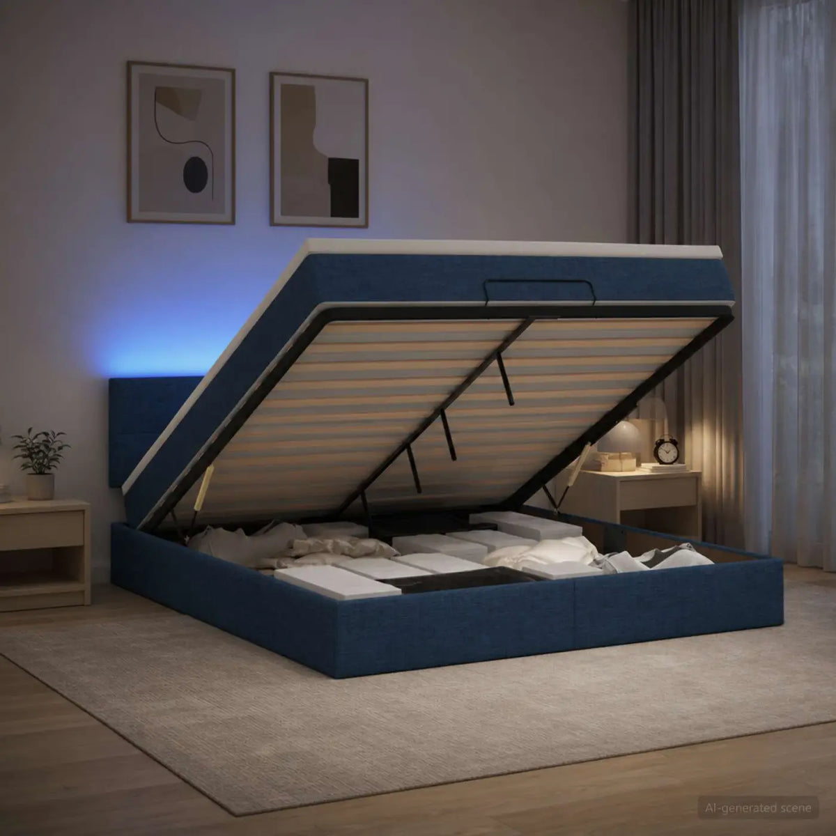 Lit coffre avec matelas et LED Bleu 140 x 190 cm Tissu - XIOS