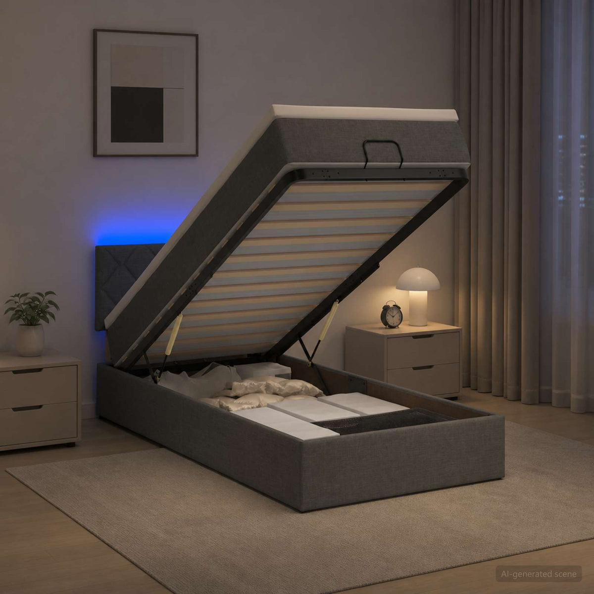 Lit coffre avec matelas et LED Gris foncé 90 x 190 cm Tissu