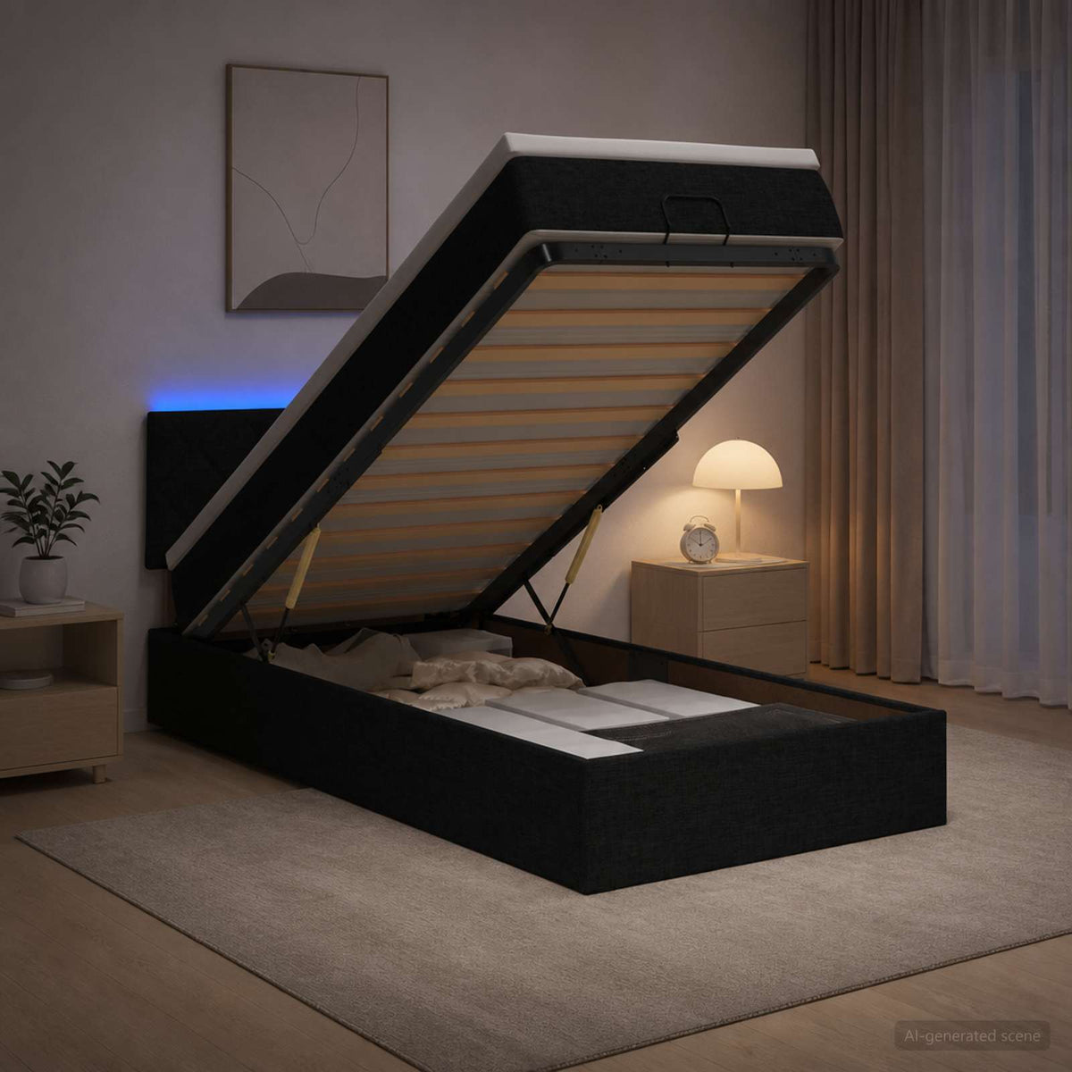 Lit coffre avec matelas et LED Noir 90 x 200 cm Tissu