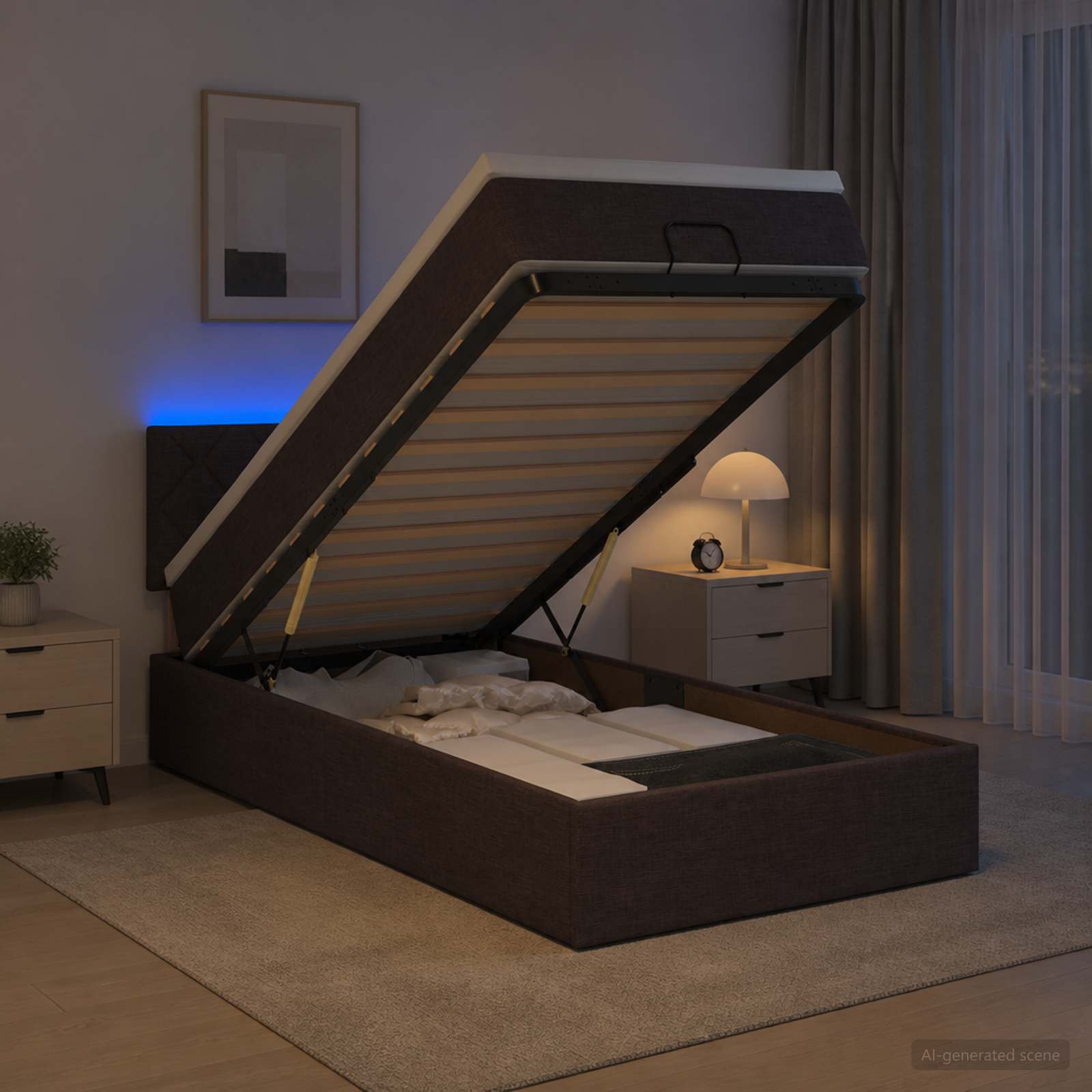 Lit coffre avec matelas et LED Marron foncé 80 x 200 cm Tissu - XIOS