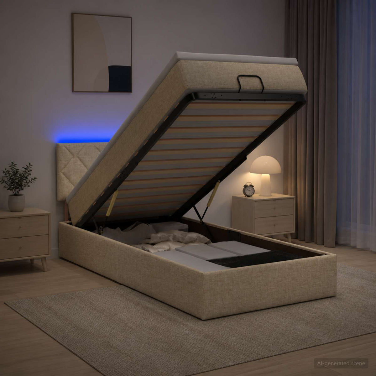 Lit coffre avec matelas et LED Crème 90 x 200 cm Tissu