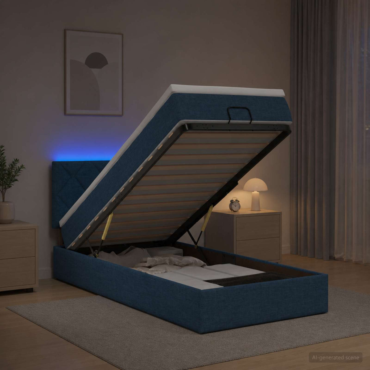 Lit coffre avec matelas et LED Bleu 90 x 200 cm Tissu