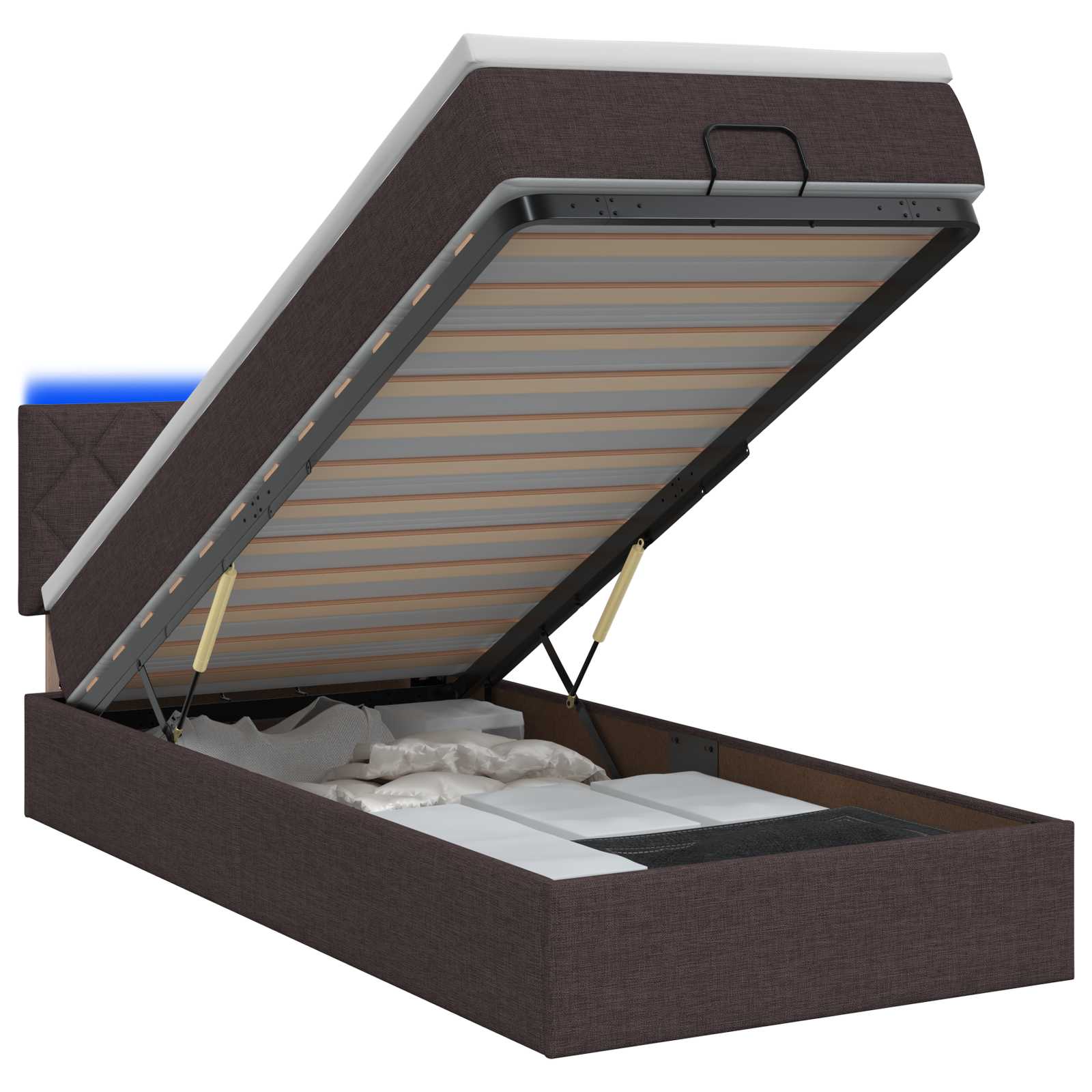 Lit coffre avec matelas et LED Marron foncé 90 x 190 cm Tissu - XIOS
