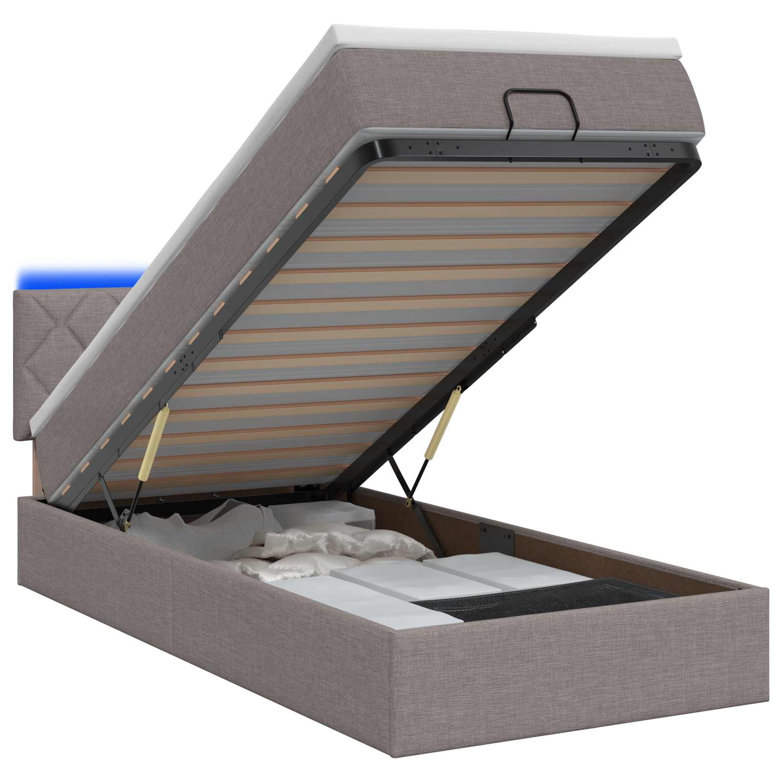 Lit coffre avec matelas et LED Taupe 90 x 190 cm Tissu - XIOS