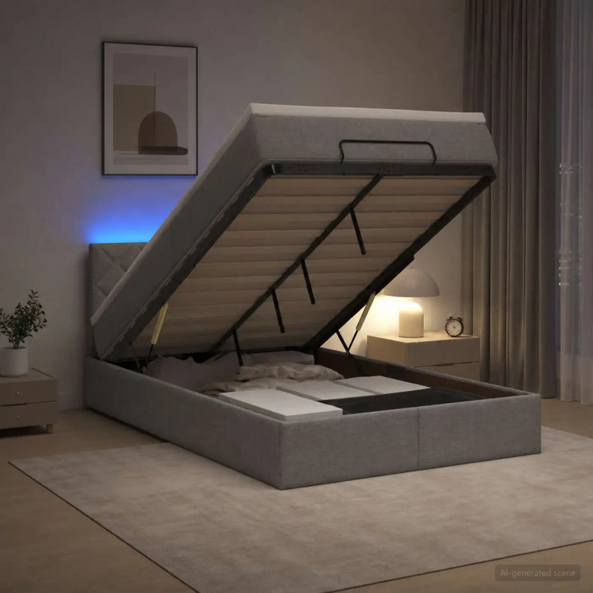 Lit coffre avec matelas et LED Gris clair 120 x 200 cm Tissu - XIOS